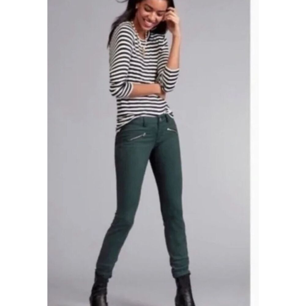 CAbi 8 jade green faux zippered pockets stretchy skinny jeans w-back pockets